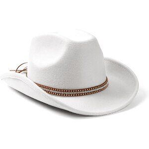 Unisex White Western With Rhinestone Band Buckle Classic Fedora Felt Cowboy Hat